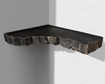 Estantes flotantes de madera negra hechos a mano para decoración de pared rústica y moderna, estante de esquina con borde vivo