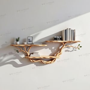 May include: A wooden wall shelf in a tree branch design. The shelf has three tiers, with books, a camera, a small plant, and decorative items. The shelf is made of light-colored wood and is mounted on a white wall.