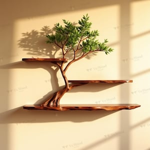 May include: A wooden tree-shaped shelf with three tiers. The shelves are a rich brown color, and the tree trunk and branches are intricately carved. Green leaves adorn the top of the tree. The shelf is mounted on a beige wall.