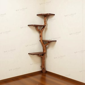 May include: A wooden cat tree with multiple platforms. The tree is made of natural wood and has a branch-like structure. The platforms are rectangular and provide space for a cat to climb and rest. The cat tree is designed to fit in a corner.