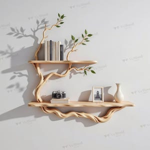 May include: A unique, two-tiered wooden wall shelf with a tree-like design. The shelves are light brown, with a natural wood grain. The tree branches have green leaves. Books, a camera, a framed picture, and a vase are displayed on the shelves.