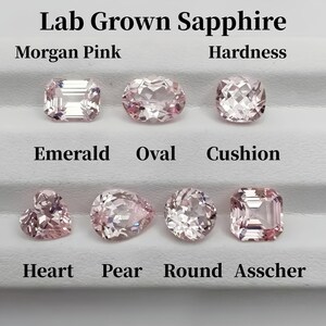 Puede incluir: Imagen de zafiros Morgan Pink cultivados en laboratorio, en diferentes tallas: Esmeralda, Oval, Cojín, Corazón, Pera, Redondo y Asscher. El texto dice "Lab Grown Sapphire" y "Hardness".