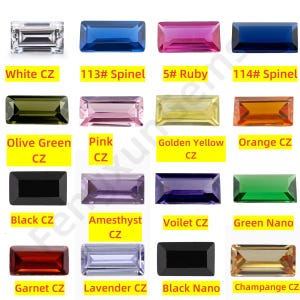 Könnte beinhalten: Eine Tabelle mit 12 verschiedenen rechteckigen Edelsteinen in Farben wie Weiß, Blau, Rosa, Grün, Schwarz, Lila, Rot und Orange. Die Edelsteine sind mit ihren Namen beschriftet, wie z. B. "White CZ", "113# Spinel", "5# Ruby", "Olive Green CZ", "Pink CZ", "Golden Yellow CZ", "Orange CZ", "Black CZ", "Amethyst CZ", "Voilet CZ", "Green Nano", "Garnet CZ", "Lavender CZ", "Black Nano" und "Champange CZ".