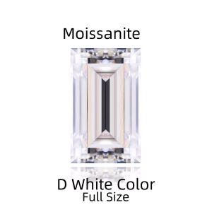 May include: A clear, rectangular, emerald-cut moissanite gemstone with a D white colour. The gemstone is shown in full size. Moissanite.