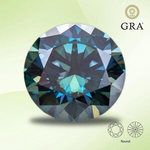 May include: A round, teal and blue gemstone with multiple facets. The gem has a brilliant cut, reflecting light. The image includes the text "GRA" and a diagram of the gem's cut. The gem is likely a diamond or a similar precious stone.