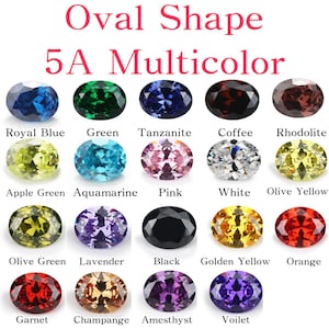 Puede incluir: Un gráfico con 15 piedras preciosas de forma ovalada en varios colores, incluyendo azul real, verde, tanzanita, café, rodonita, verde manzana, aguamarina, rosa, blanco, amarillo oliva, verde oliva, lavanda, negro, amarillo dorado, naranja, granate, champán, amatista y violeta. El gráfico está etiquetado como "Oval Shape 5A Multicolor".