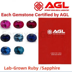 Op de afbeelding: Een close-up van zes ovale edelstenen, drie rode robijnen en drie blauwe saffieren. De edelstenen zijn gerangschikt in drie rijen van twee. De afbeelding bevat de tekst "Each Gemstone Certified by AGL" en "Lab-Grown Ruby / Sapphire".