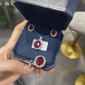 925 Sterling Silver Cultured Oval Ruby Pendant and Diamond Necklace for Women, High-End European and American Style Set