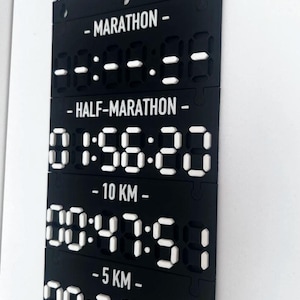 Puede incluir: Un panel de pared vertical negro titulado MY RUNNING PRS con texto blanco y secciones modulares para tiempos de carrera. Incluye etiquetas para MARATHON, HALF-MARATHON, 10 KM, 5 KM y 1 MILE, con números blancos de estilo digital para resultados.