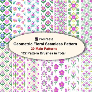 May include: A digital collection of 30 geometric floral seamless patterns and 122 pattern brushes for Procreate. The image displays various vertical strips featuring repeating pink, purple, and green flower motifs on white backgrounds.