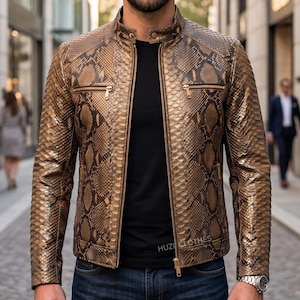 Herren Python Lederjacke | Brauner Schlangenleder-Präge Cafe Racer | 3D Texturierte Moto Fit