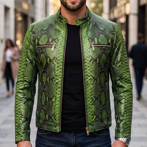 Men's Green Python Leather Jacket | Snakeskin Embossed Cafe Racer | 3D Textured Moto Fit