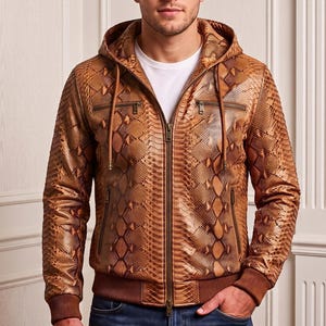 Men's Python Hoodie Brown Snakeskin Custom Biker Leather Hoodie
