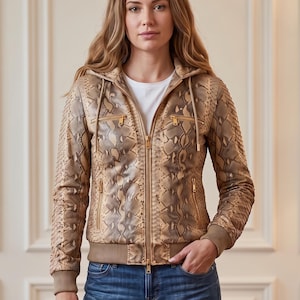 Women's Python Leather Hoodie Snake Skin Hooded Jacket Luxury Exotic Bomber