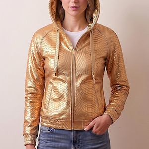Women's Metallic Gold Python Leather Hoodie Snake Skin Hooded Bomber Jacket