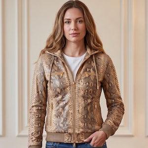 Women's Python Leather Hoodie Snake Skin Hooded Jacket Luxury Exotic Bomber