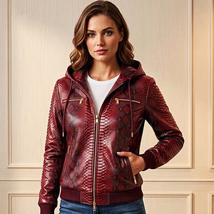 Women's Red Python Leather Hoodie Genuine Snake Skin Exotic Burgundy Biker