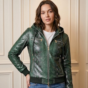 Women's Green Python Leather Hoodie Snakeskin Exotic Skin Custom Snake Bomber Hooded Jacket