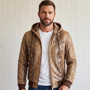 Men's Brown Leather Python Hoodie Snake Skin Biker Bomber Hoodie Custom Fit