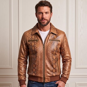 Men's Brown Python Leather Jacket Snake Skin Collared Bomber