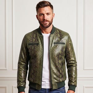 Chaqueta bomber de piel de pitón verde para hombre, piel de serpiente exótica, corte personalizado.