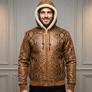 Men's Python Leather Jacket | Snakeskin Hooded Bomber | Exotic Feel Texture Embossed on Cow Leather
