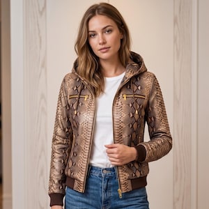 Damen-Kapuzenpullover aus Pythonleder, braunes Schlangenleder, exotisches Leder, individuell gestaltbarer Schlangenleder-Kapuzenpullover