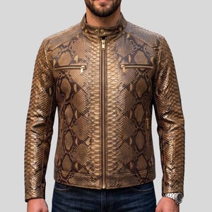 Men's Python Leather Jacket | Brown Snakeskin Embossed Cafe Racer | 3D Textured Moto Fit
