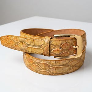 Amber Crocodile Leather Belt, Gold Buckle, embossed realistic exotic texture, Huzi Clothes