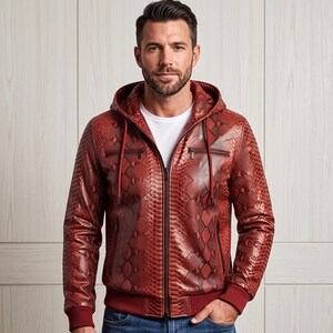 Men's Red Python Leather Hoodie Exotic Snake Skin Bomber Hooded Biker Jacket Custom Fit