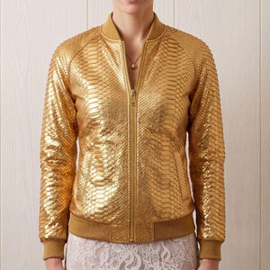 Women's Gold Snakeskin Texture Leather Jacket | 3D Embossed Python Bomber | Metallic Statement Fit