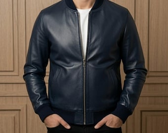 Men's Navy Blue Leather Bomber Jacket | Minimalist Biker Moto | Sheepskin Varsity