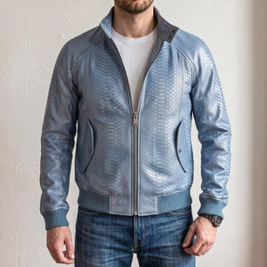 Men's Light Blue Python Bomber Jacket Snakeskin Leather Harrington Flight Jacket