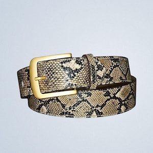 Python Belt, Snake Skin texture embossed on Genuine Leather With Golden Buckle