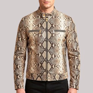 Men's Python Leather Jacket | Beige Snakeskin Embossed Cafe Racer | 3D Textured Moto