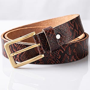 Black and Red Python Leather Belt Realistic Snake Texture embossed with Gold Square Buckle