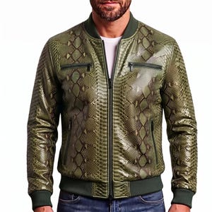 Chaqueta bomber de piel de pitón verde para hombre, piel de serpiente exótica, corte personalizado.