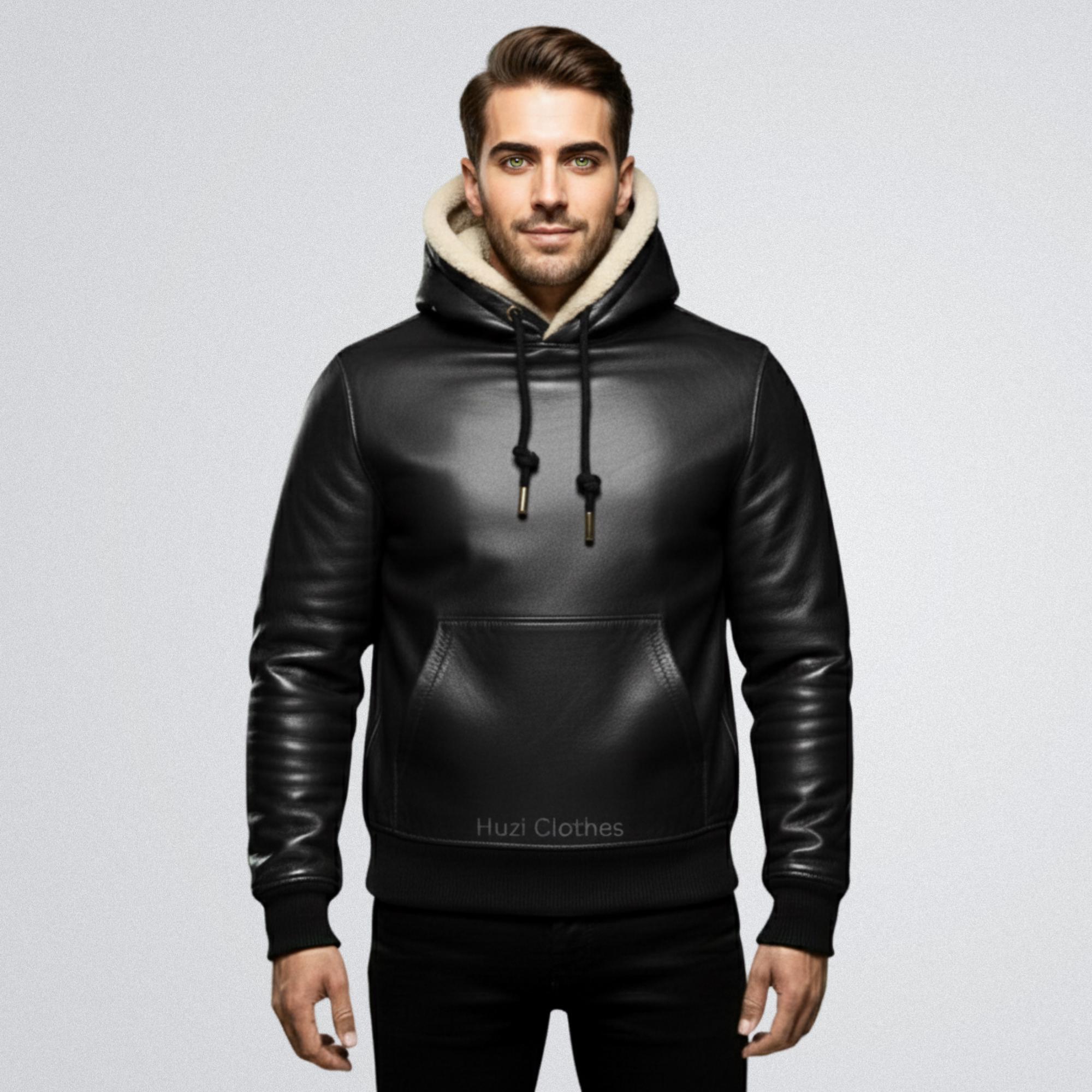 Men's Black Leather Hoodie | Sherpa Lined Pullover | Sheepskin