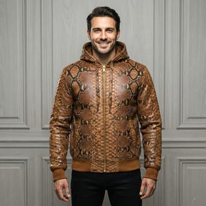 May include: A brown and black snakeskin-patterned hooded jacket with a gold zipper. The jacket has a brown ribbed hem and cuffs. The person in the image is wearing black pants.