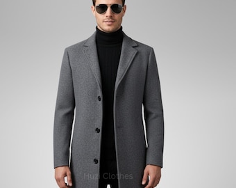 Men's Charcoal Gray Wool Coat, Single-breasted Overcoat With Stand