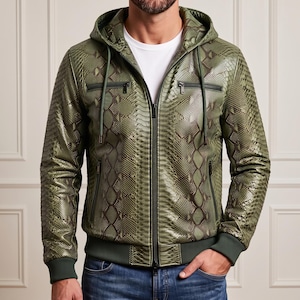 Sudadera con capucha de piel de pitón verde para hombre, chaqueta bomber de piel de serpiente exótica, estilo motero, ajuste personalizado.
