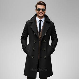 メンズ ブラック ウール トレンチコート ロング オーバーコート ダブルブレスト 冬 クリスマス バレンタイン ギフト