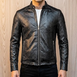 Men's Black Python leather jacket real feel snake texture Embossed on geniune leather