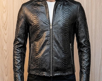 Men's Black Python Leather Jacket | Snakeskin Embossed Cafe Racer | 3D Textured Moto Fit