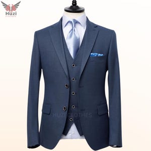 Handmade Light Blue Three Piece Suit: Slim Fit Wedding Prom Outfit