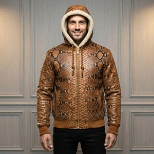 Men's Python Leather Jacket | Snakeskin Hooded Bomber | Exotic Feel Texture Embossed on Cow Leather