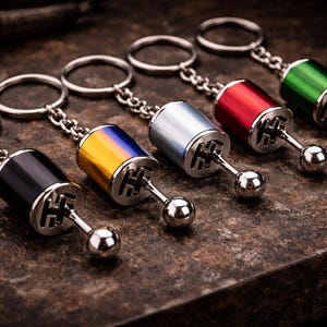 May include: A collection of six keychains featuring miniature gear shift designs. Each keychain has a different colored gear shift, including black, yellow and blue gradient, silver, red, and green. The gear shifts have a silver ball at the end of the lever.