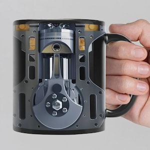 Könnte beinhalten: Schwarze Kaffeetasse mit detailliertem Querschnitt der inneren Komponenten eines Motors. Das Design umfasst einen Kolben, eine Kurbelwelle und andere mechanische Teile in Grau- und Silbertönen. Die Tasse wird von einer Hand gehalten.