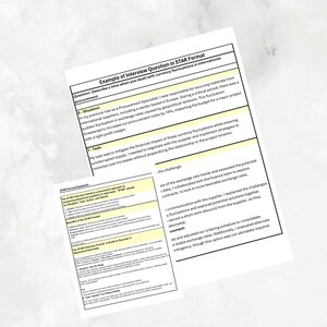 May include: A document with a yellow and white background, outlining the STAR method for answering interview questions. The document includes a sample interview question about dealing with currency fluctuations in international procurement. The STAR method is an acronym for Situation, Task, Action, and Result.
