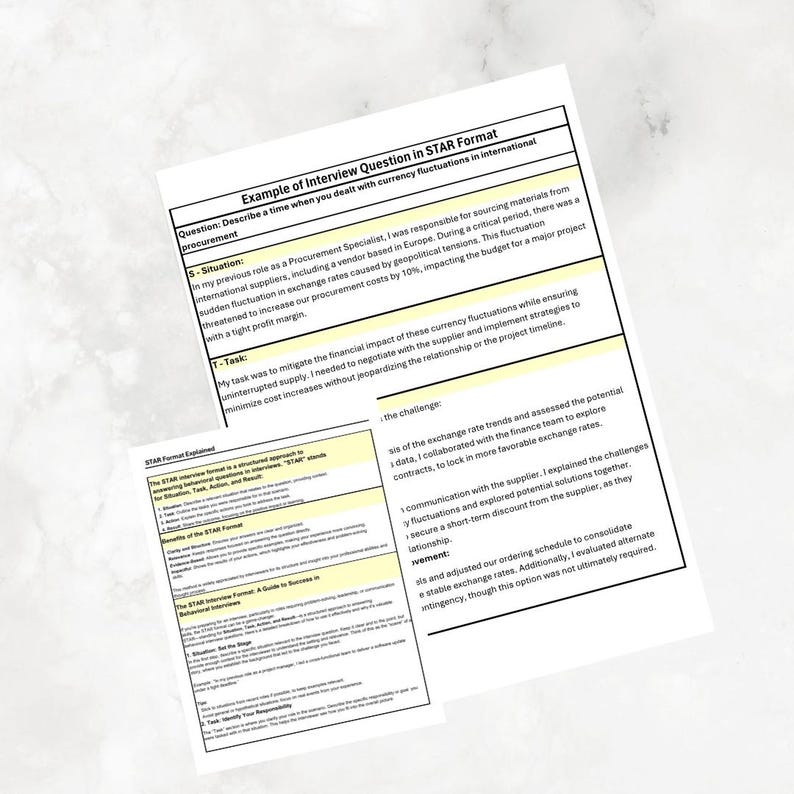 May include: A document with a yellow and white background, outlining the STAR method for answering interview questions. The document includes a sample interview question about dealing with currency fluctuations in international procurement. The STAR method is an acronym for Situation, Task, Action, and Result.